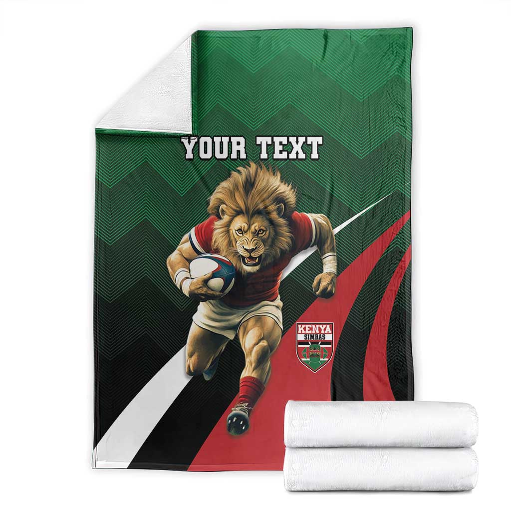 Green custom rugby blanket with lion mascot and Kenya crest, shown with folded white rolls