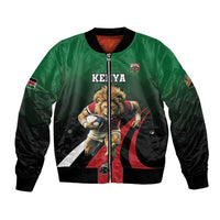 Green and black bomber jacket with front zipper, Kenya badge, and mascot graphic