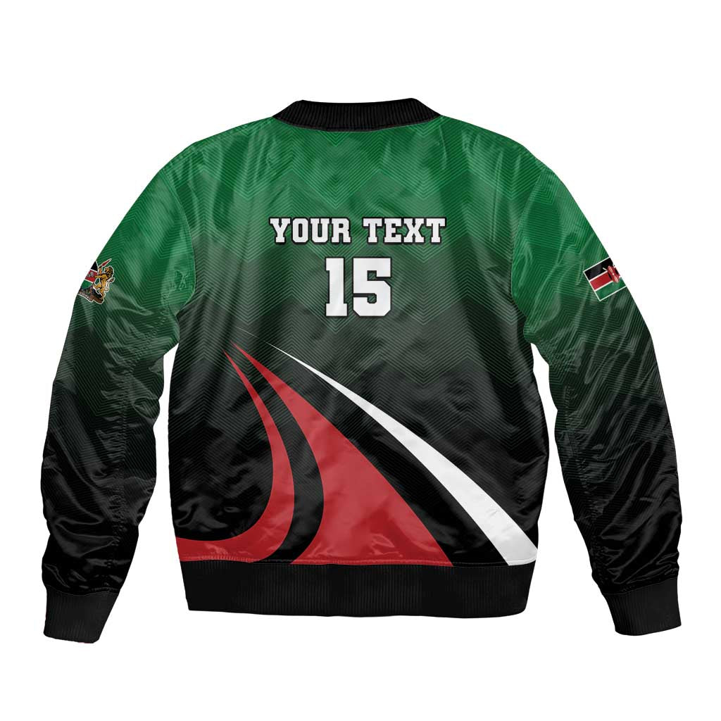 Green and black bomber jacket back with YOUR TEXT 15 and red-white swoosh