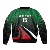 Green and black bomber jacket back with YOUR TEXT 15 and red-white swoosh