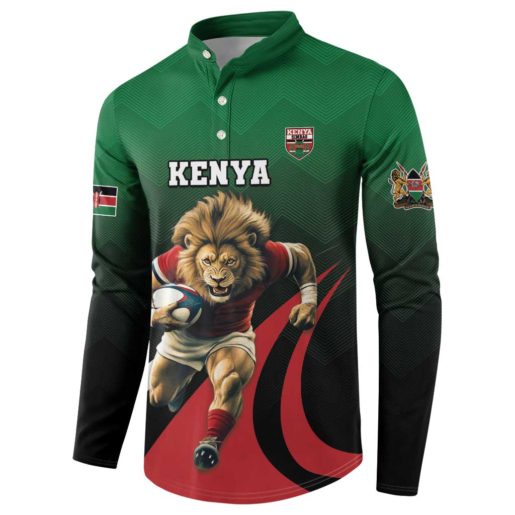 Green button-up rugby sweatshirt with Kenya badge, lion graphic, and Kenya text