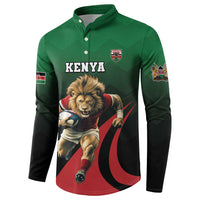Green button-up rugby sweatshirt with Kenya badge, lion graphic, and Kenya text