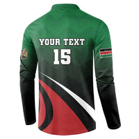 Green button-up rugby sweatshirt with 'YOUR TEXT' and number 15 on back