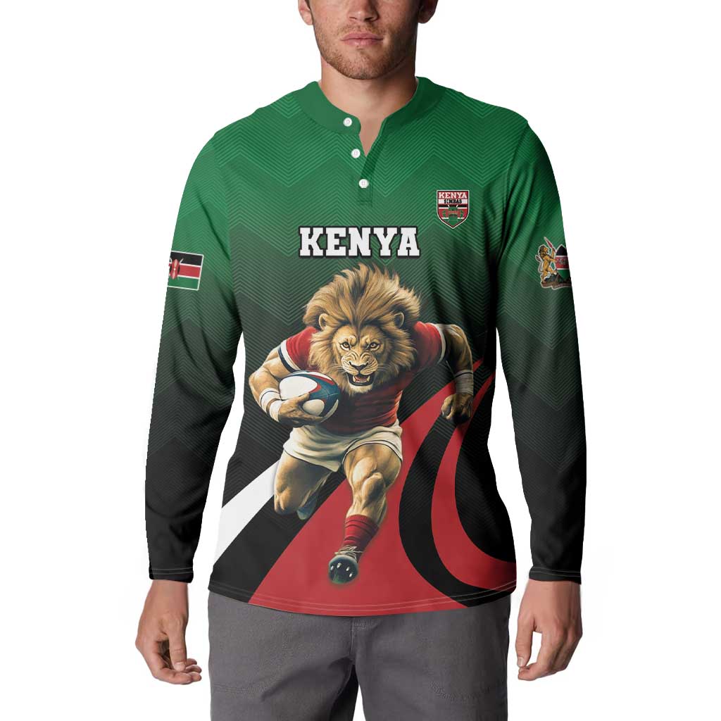 Green button-up rugby sweatshirt with Kenya crest, lion mug graphic, and sleeve patch