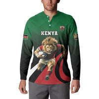 Green button-up rugby sweatshirt with Kenya crest, lion mug graphic, and sleeve patch