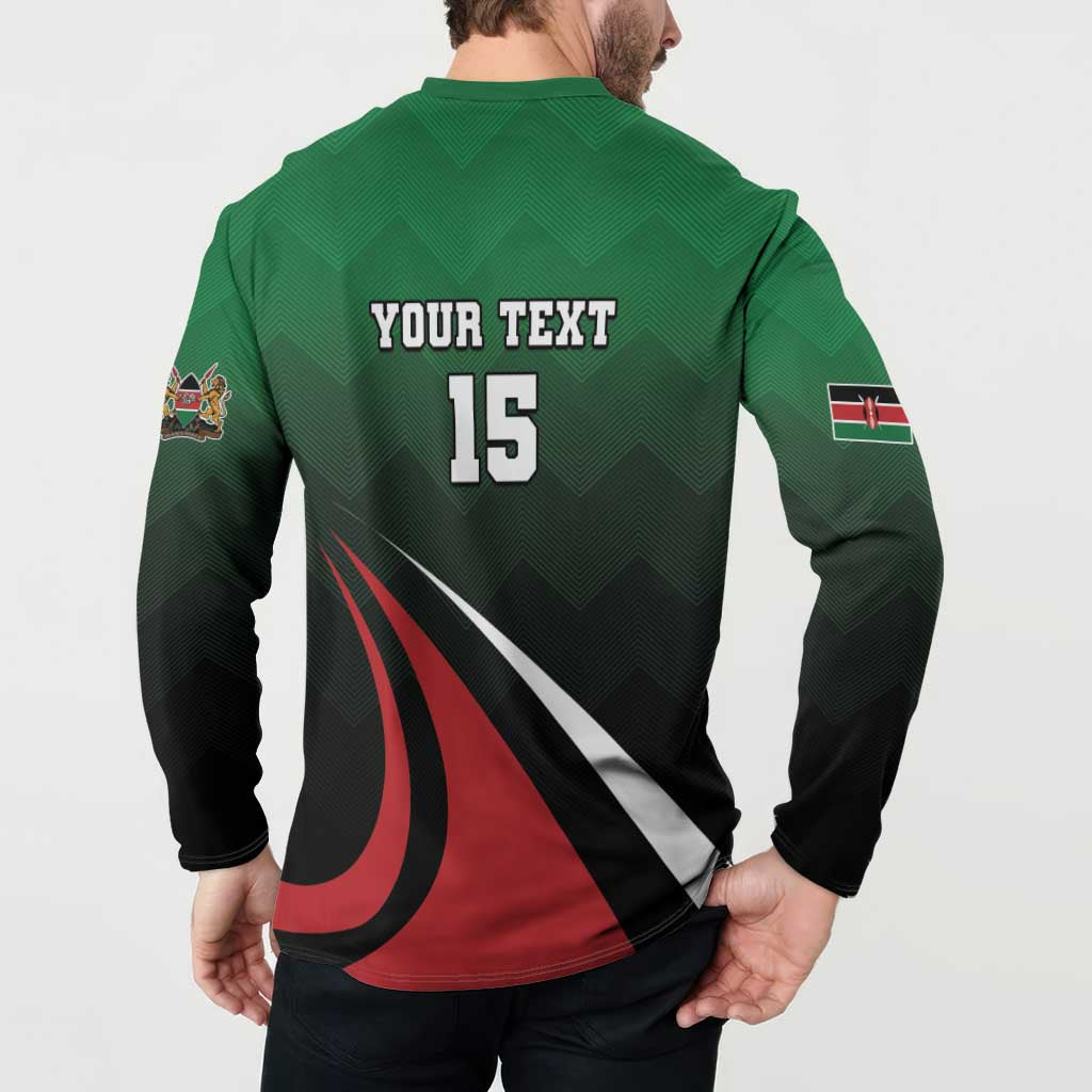 Green button-up rugby sweatshirt back view with 'YOUR TEXT' 15 and bold stripes