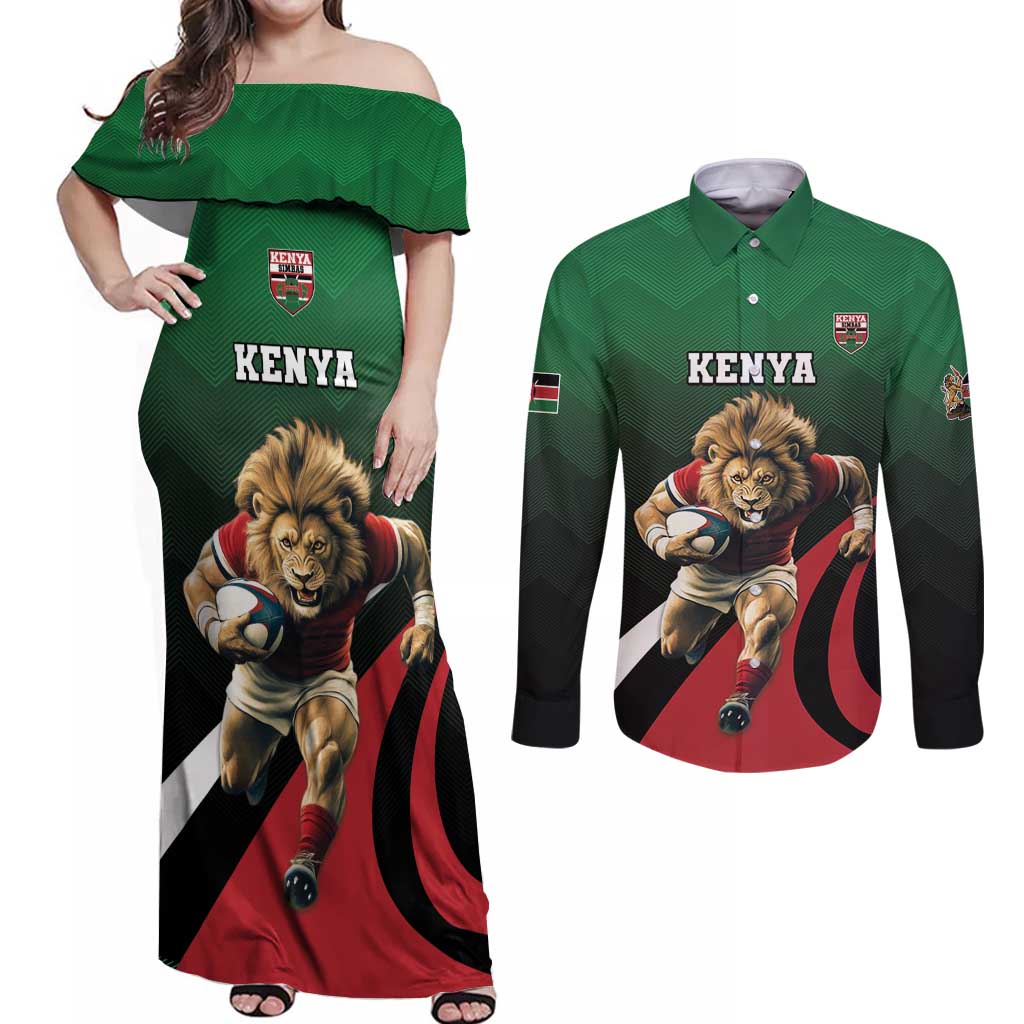 Kenya Rugby Custom Couples Matching Off Shoulder Maxi Dress and Long Sleeve Button Shirt Go Simbas - Wonder Print Shop