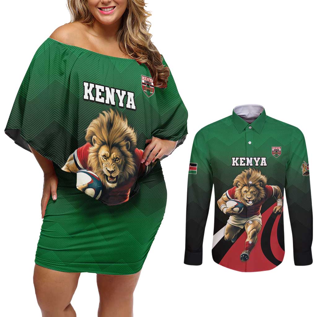 Kenya Rugby Custom Couples Matching Off Shoulder Short Dress and Long Sleeve Button Shirt Go Simbas - Wonder Print Shop