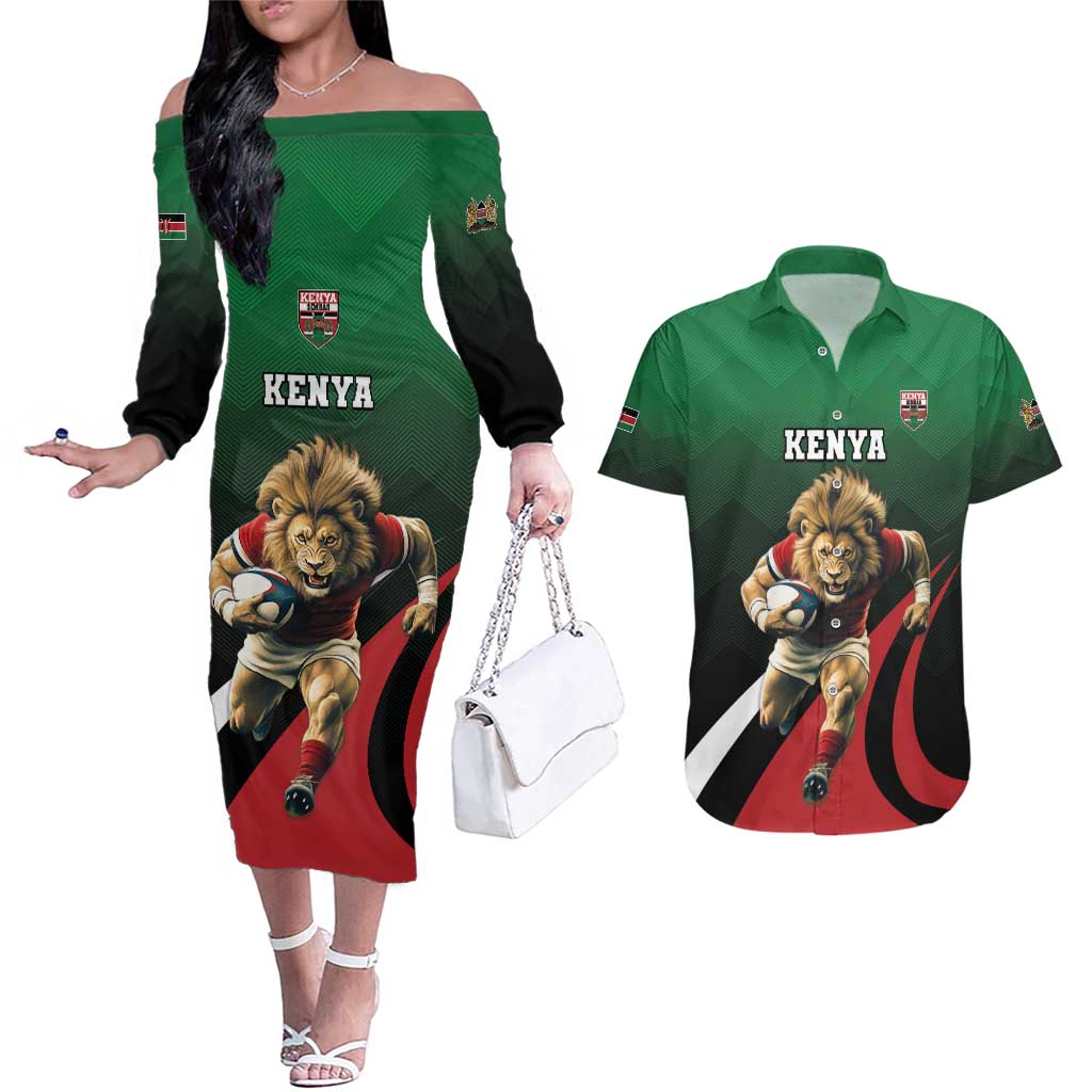 Kenya Rugby Custom Couples Matching Off The Shoulder Long Sleeve Dress and Hawaiian Shirt Go Simbas - Wonder Print Shop