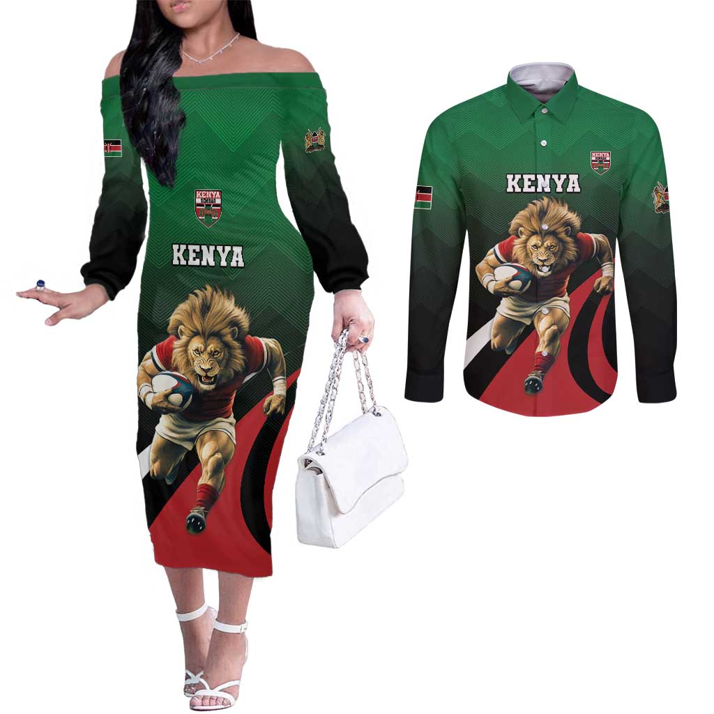 Kenya Rugby Custom Couples Matching Off The Shoulder Long Sleeve Dress and Long Sleeve Button Shirt Go Simbas