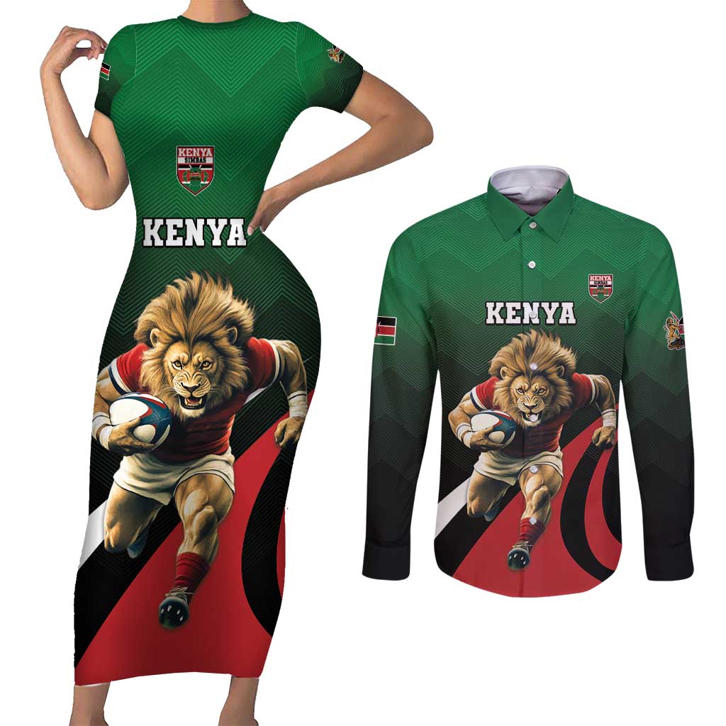 Kenya Rugby Custom Couples Matching Short Sleeve Bodycon Dress and Long Sleeve Button Shirt Go Simbas - Wonder Print Shop