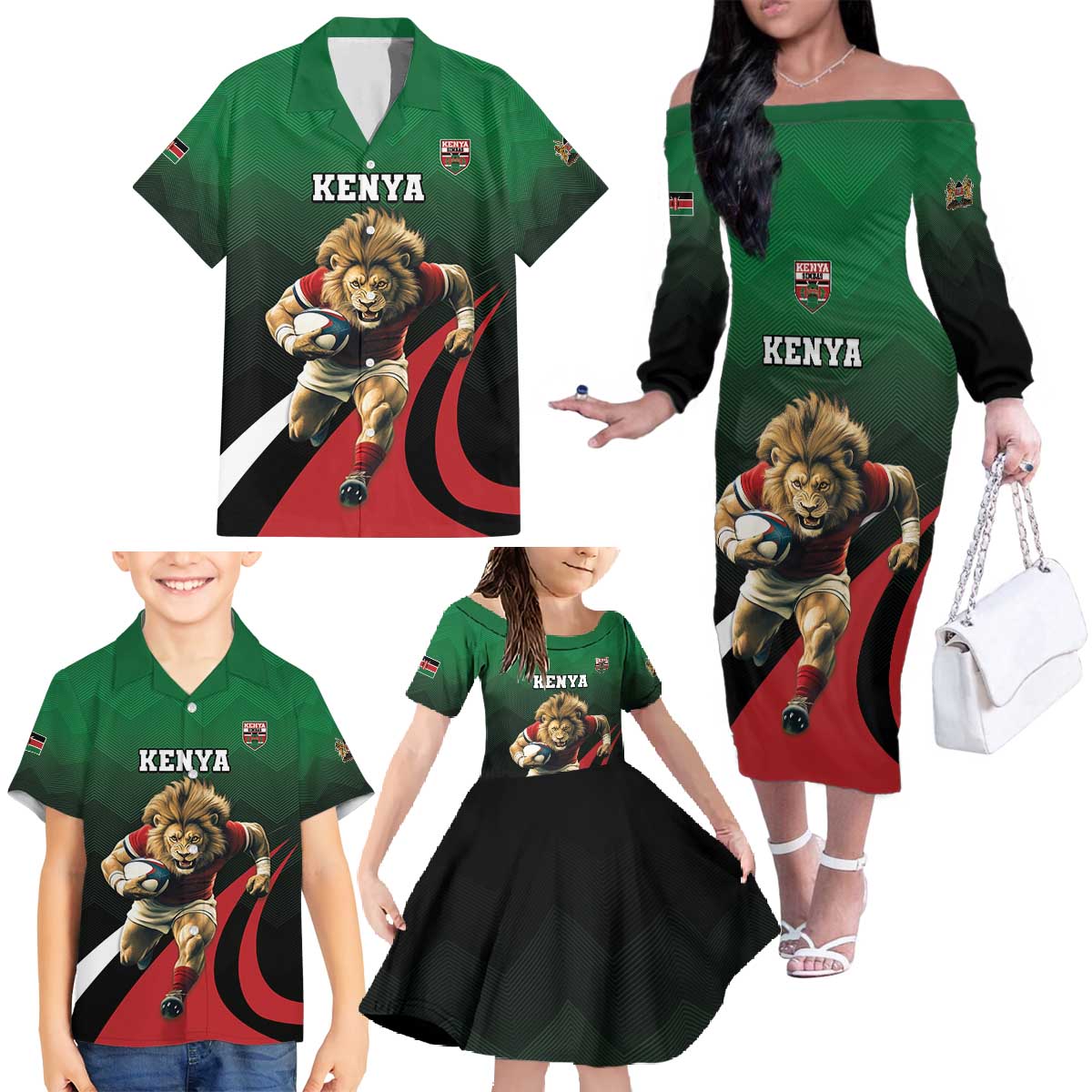 Kenya Rugby Custom Family Matching Off The Shoulder Long Sleeve Dress and Hawaiian Shirt Go Simbas - Wonder Print Shop