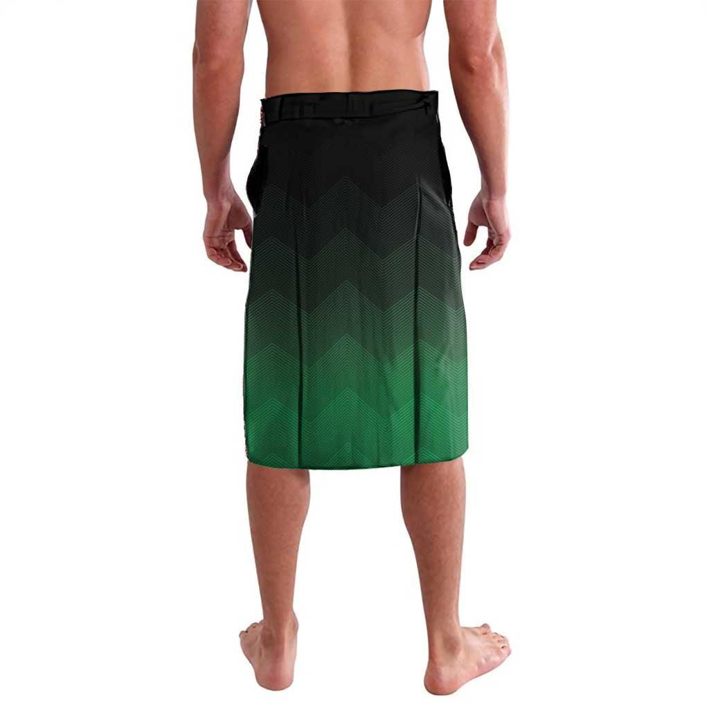 Green and black custom lavalava with black waistband, back view