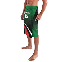 Green, black, and red custom lavalava with number 15 and side diagonal stripe