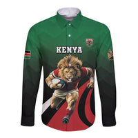 Green long-sleeve rugby button shirt with lion graphic and crest patch