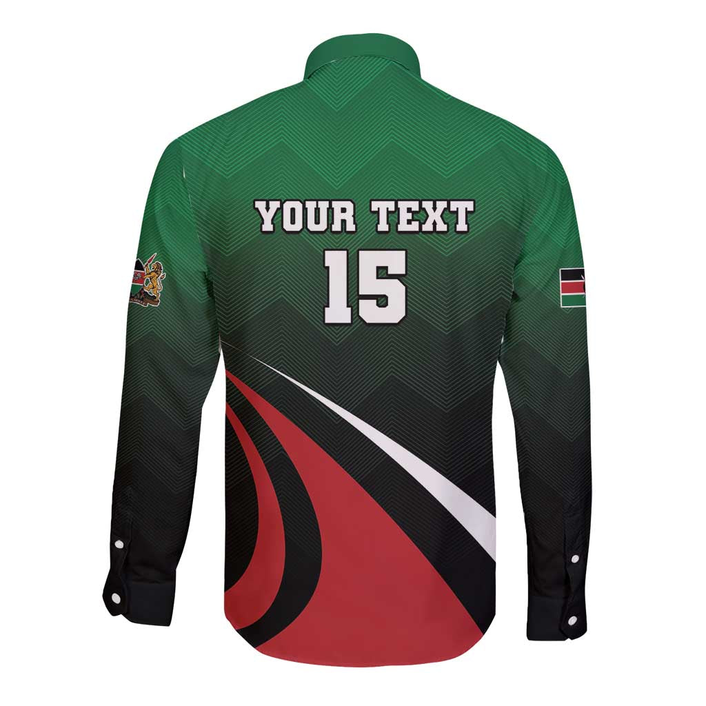 Green long-sleeve rugby button shirt with back text "YOUR TEXT 15" and red wave design
