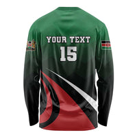 Unisex long sleeve rugby shirt, green-and-black back with 'YOUR TEXT' and '15' graphic