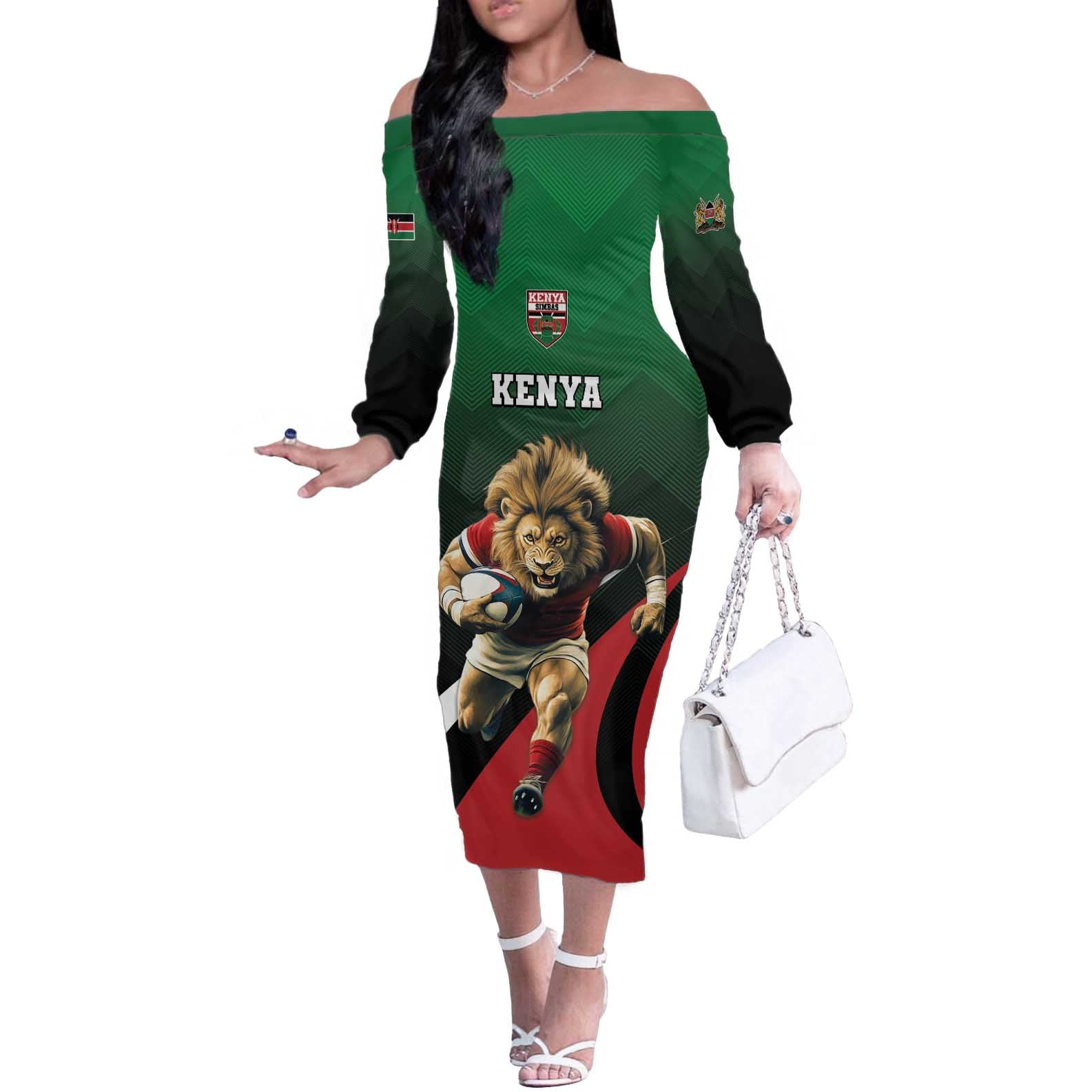 Kenya Rugby Custom Off The Shoulder Long Sleeve Dress Go Simbas - Wonder Print Shop