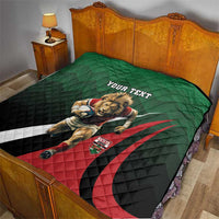 Green quilt on a bed with lion rugby graphic, red/black curved stripes, 'YOUR TEXT'