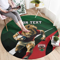 Round green rug with lion graphic, red shield badge, and "YOUR TEXT" strip