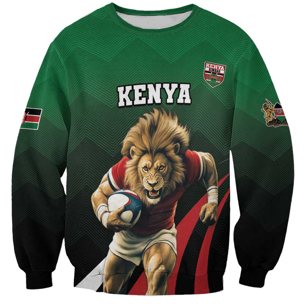 Green custom rugby sweatshirt with Kenya logo, lion holding ball, and striped sleeve crest