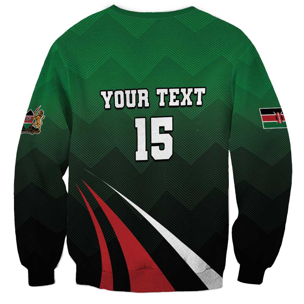 Green custom rugby sweatshirt back with YOUR TEXT and number 15, diagonal flag stripe graphic