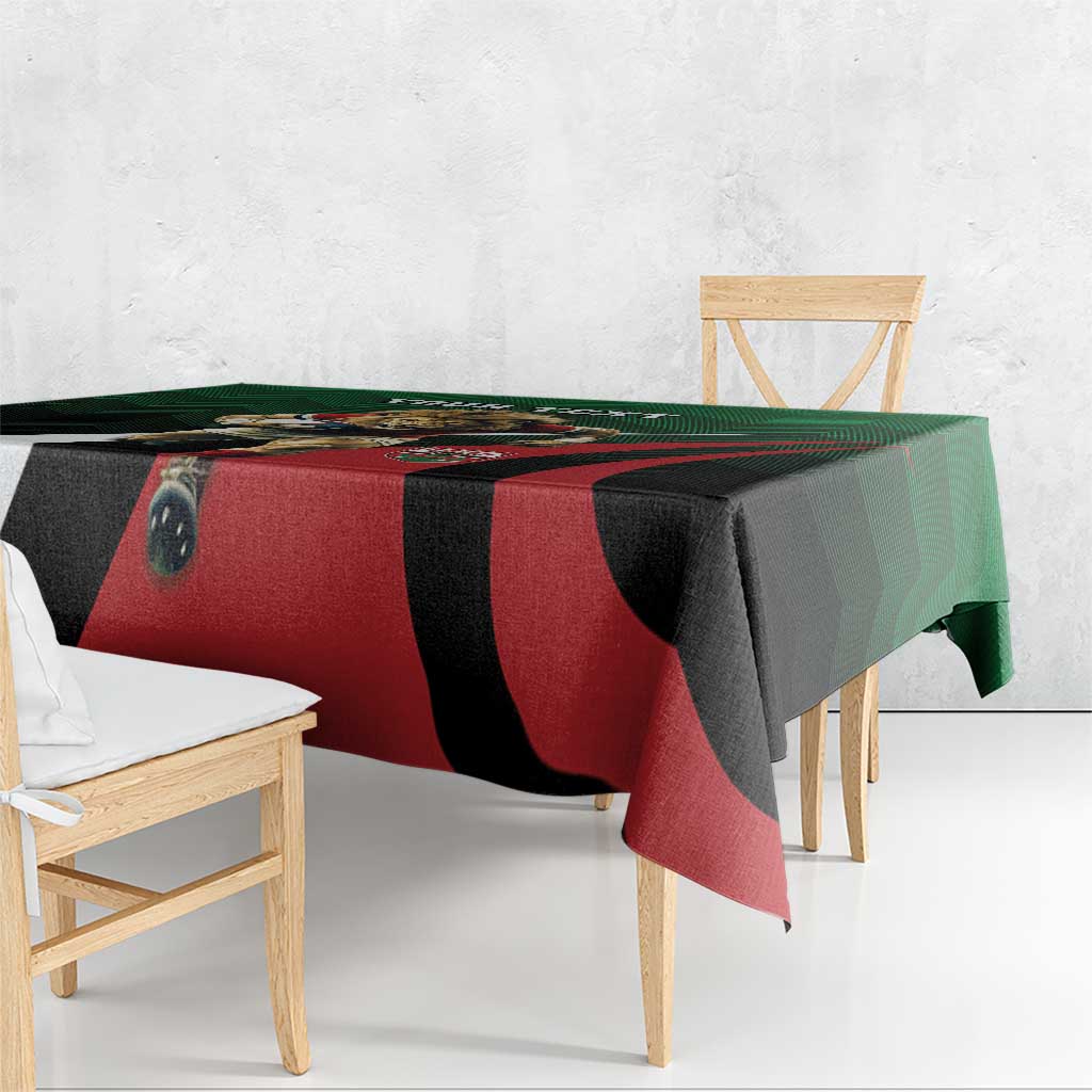 Green and black custom tablecloth with red diagonal stripe and draped corner