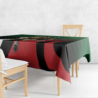Green and black custom tablecloth with red diagonal stripe and draped corner