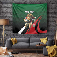 Green rugby tapestry with lion player graphic, red streaks, and 'YOUR TEXT' heading.