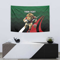 Green rugby tapestry with lion running graphic, red slash detail, and 'YOUR TEXT' text.