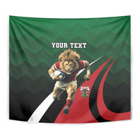 Green rugby tapestry close view with lion player artwork, red stripe, and 'YOUR TEXT'.