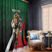 Green rugby curtains with lion graphic, custom text, black red white accents on fabric