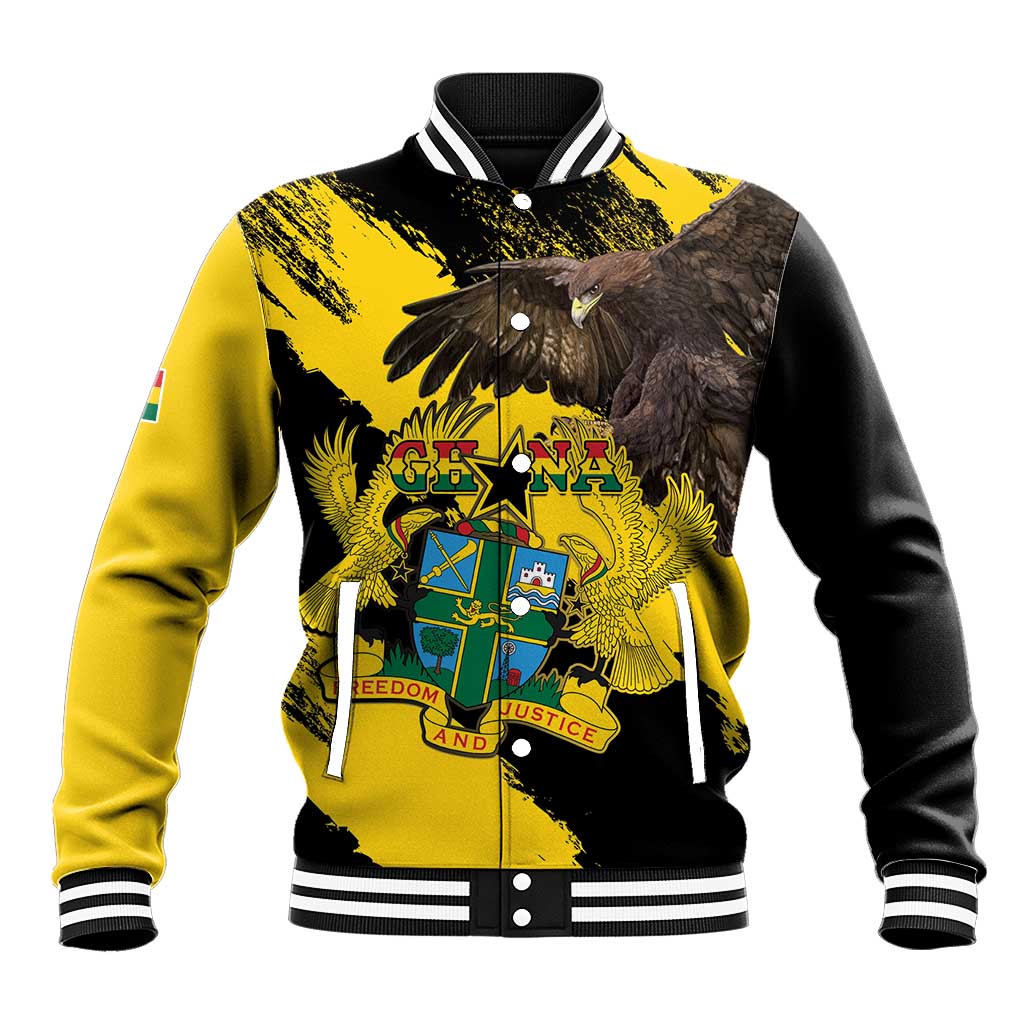 Yellow and black baseball jacket with eagle coat of arms front, striped collar and cuffs.