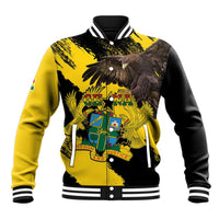 Yellow and black baseball jacket with eagle coat of arms front, striped collar and cuffs.