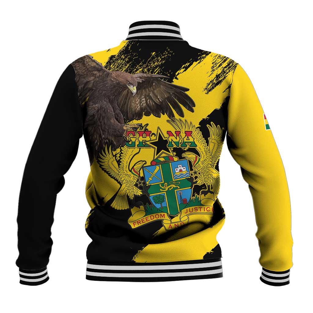 Yellow and black varsity baseball jacket back with eagle coat of arms graphic and striped cuffs.