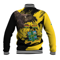 Yellow and black varsity baseball jacket back with eagle coat of arms graphic and striped cuffs.
