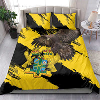 Yellow and black duvet cover set with Ghana crest, eagle wings, and two matching pillows
