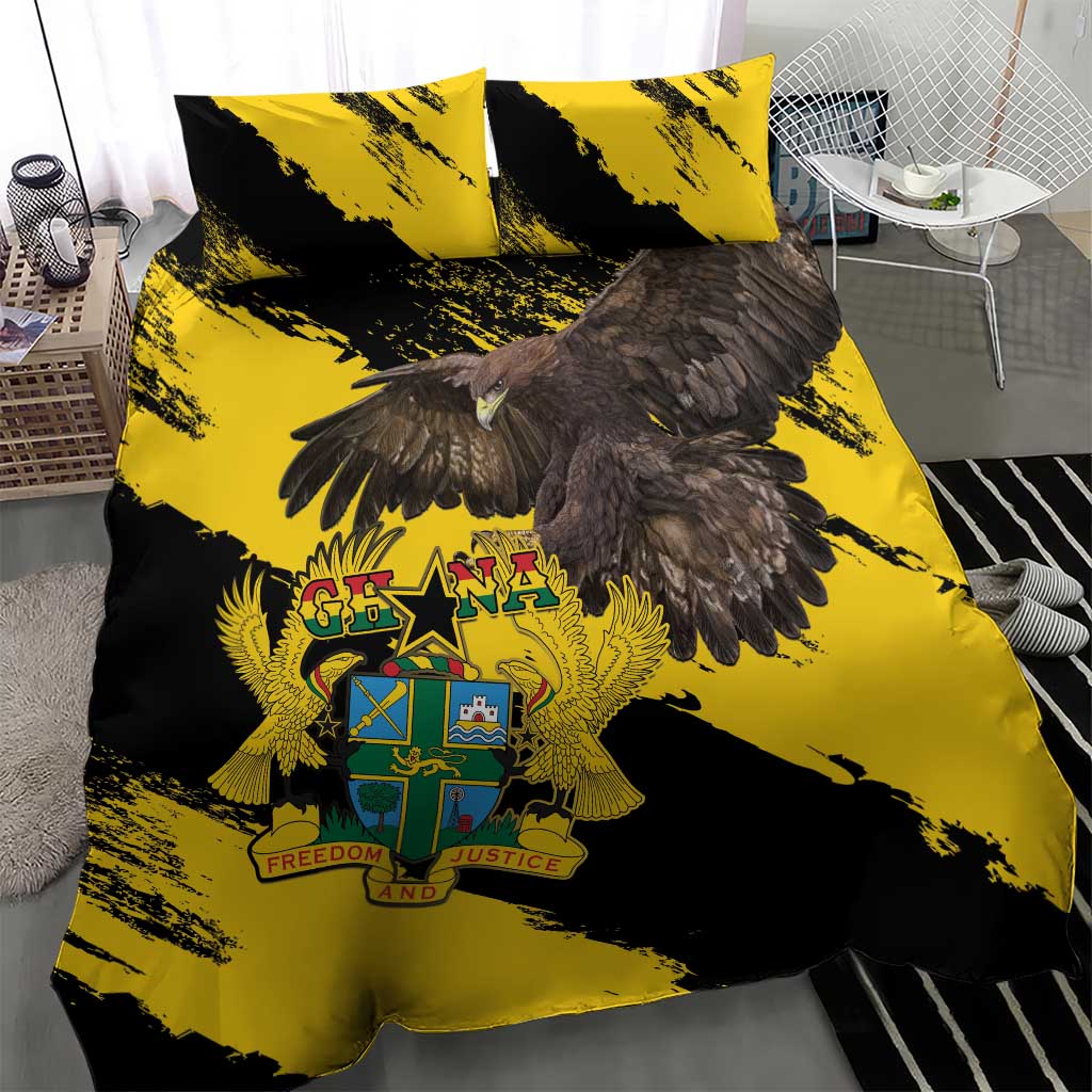 Yellow and black duvet cover with large eagle graphic and Ghana coat of arms