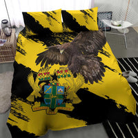 Yellow and black duvet cover with large eagle graphic and Ghana coat of arms