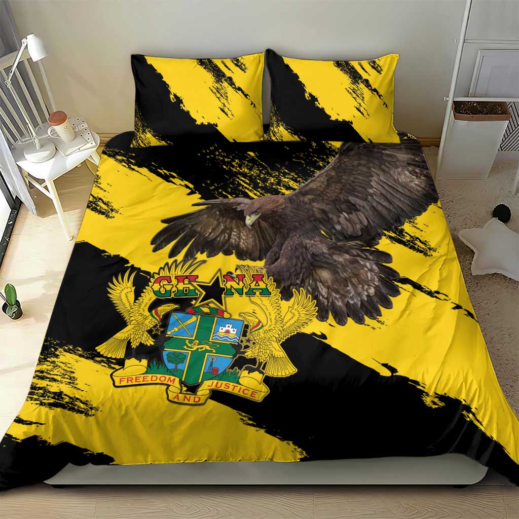 Yellow and black duvet cover with Ghana crest, eagle feathers, and two pillows