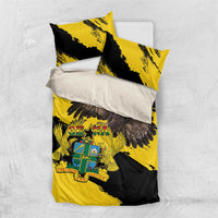 Yellow and black bedding set with Ghana coat of arms, eagle wing print, and pillows