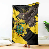 Large yellow and black eagle graphic blanket with coat-of-arms crest