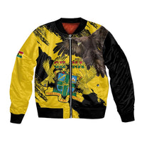 Unisex yellow and black bomber jacket with eagle and coat-of-arms graphic, zip front