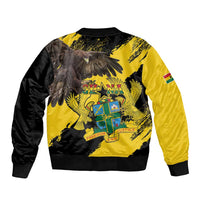 Unisex yellow and black bomber jacket with large eagle crest graphic, ribbed cuffs, zip