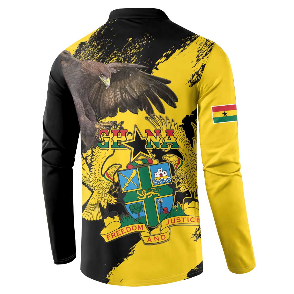 Yellow and black button sweatshirt with large eagle and Ghana crest, back view