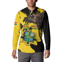 Yellow and black button sweatshirt with eagle and Ghana crest emblem, worn front