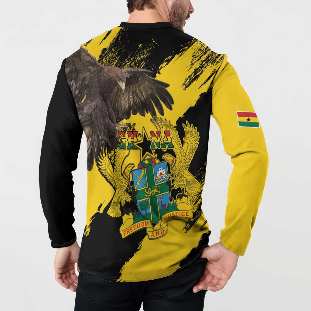 Yellow and black button sweatshirt with eagle and Ghana crest, back with sleeve flag