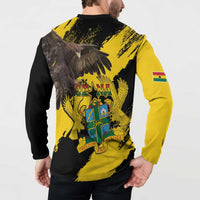 Yellow and black button sweatshirt with eagle and Ghana crest, back with sleeve flag