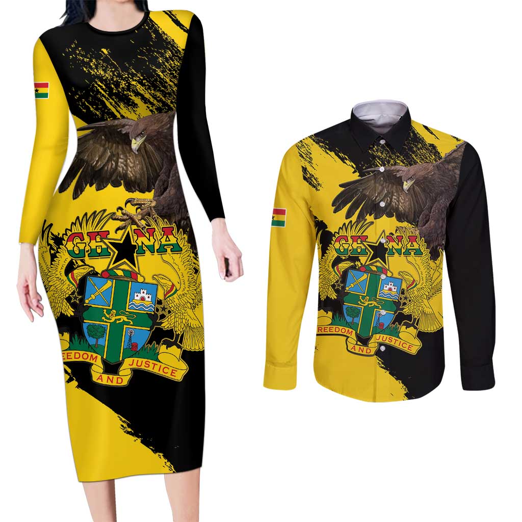 Ghana Eagle Couples Matching Long Sleeve Bodycon Dress and Long Sleeve Button Shirt Coat Of Arms - Grunge Style