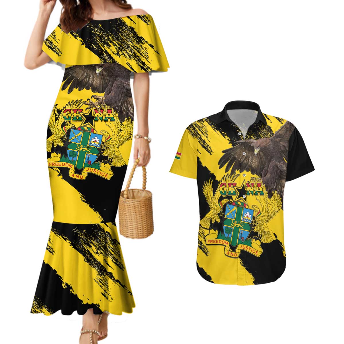 Ghana Eagle Couples Matching Mermaid Dress and Hawaiian Shirt Coat Of Arms - Grunge Style